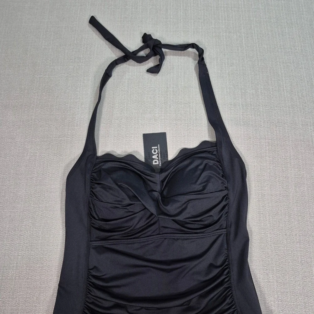 Daci Women Black Ruched Tummy Control Halter Swimdress One Piece Swimsuit Size L
